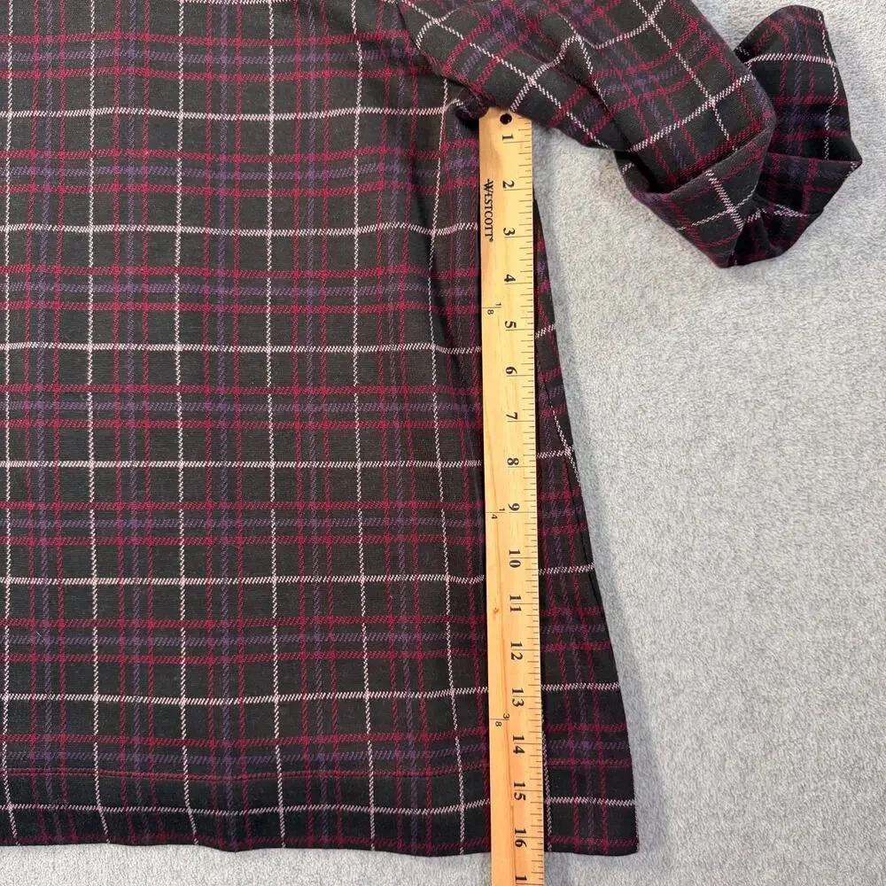 J.Jill Women’s Medium Plaid Ponte Shirt 3/4 Sleeve Button Pleat Black Red Purple